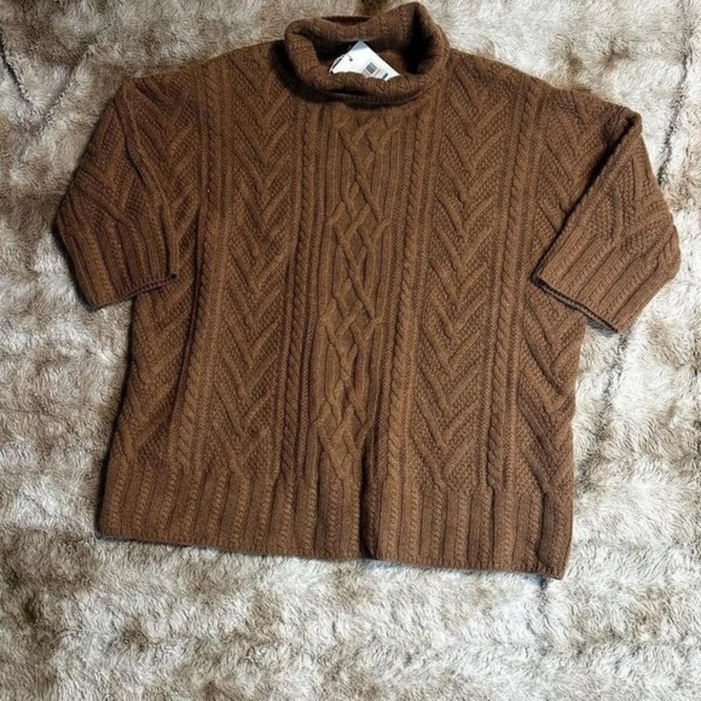 Iris & Ink Camel Brown Cable Knit Turtleneck Sweater Elbow Sleeve - Picture 3 of 9